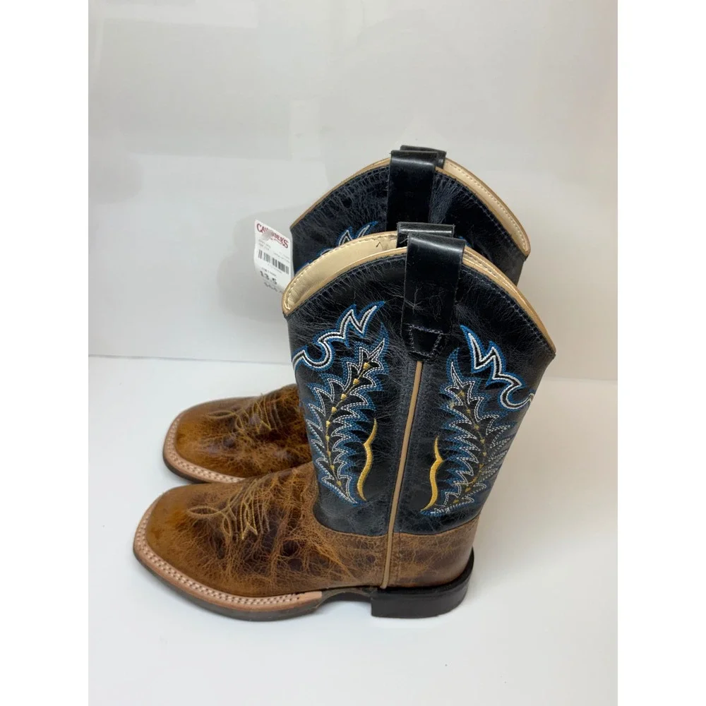 Old West Kids Boys Burnt Tan Navy Blue Square Toe Cowboy Boots BSC1960 13.5D